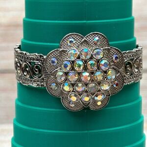 Mondu Flip Rhinestone Flower Cuff Bracelet Watch Silver Tone Quartz Japan Movt